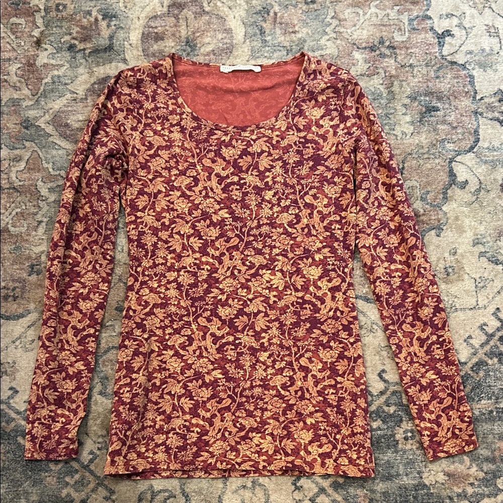 Peruvian Connection Red and Gold Floral Long Sleeve Top